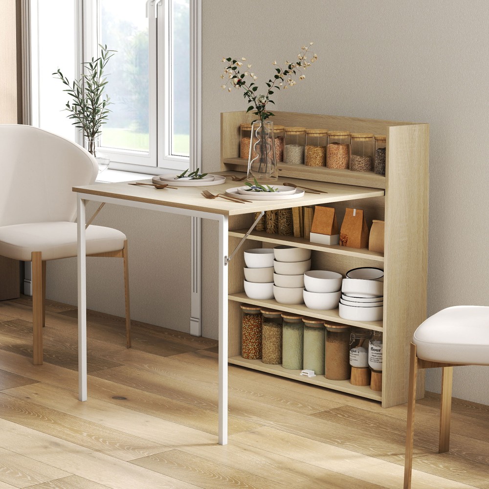 Πτυσσόμενο τραπέζι φαγητού με ράφι, βιομηχανικός σχεδιασμός, εξοικονόμηση χώρου, για μικρούς χώρους, 78,5 x 91 x 93 cm, δρυς