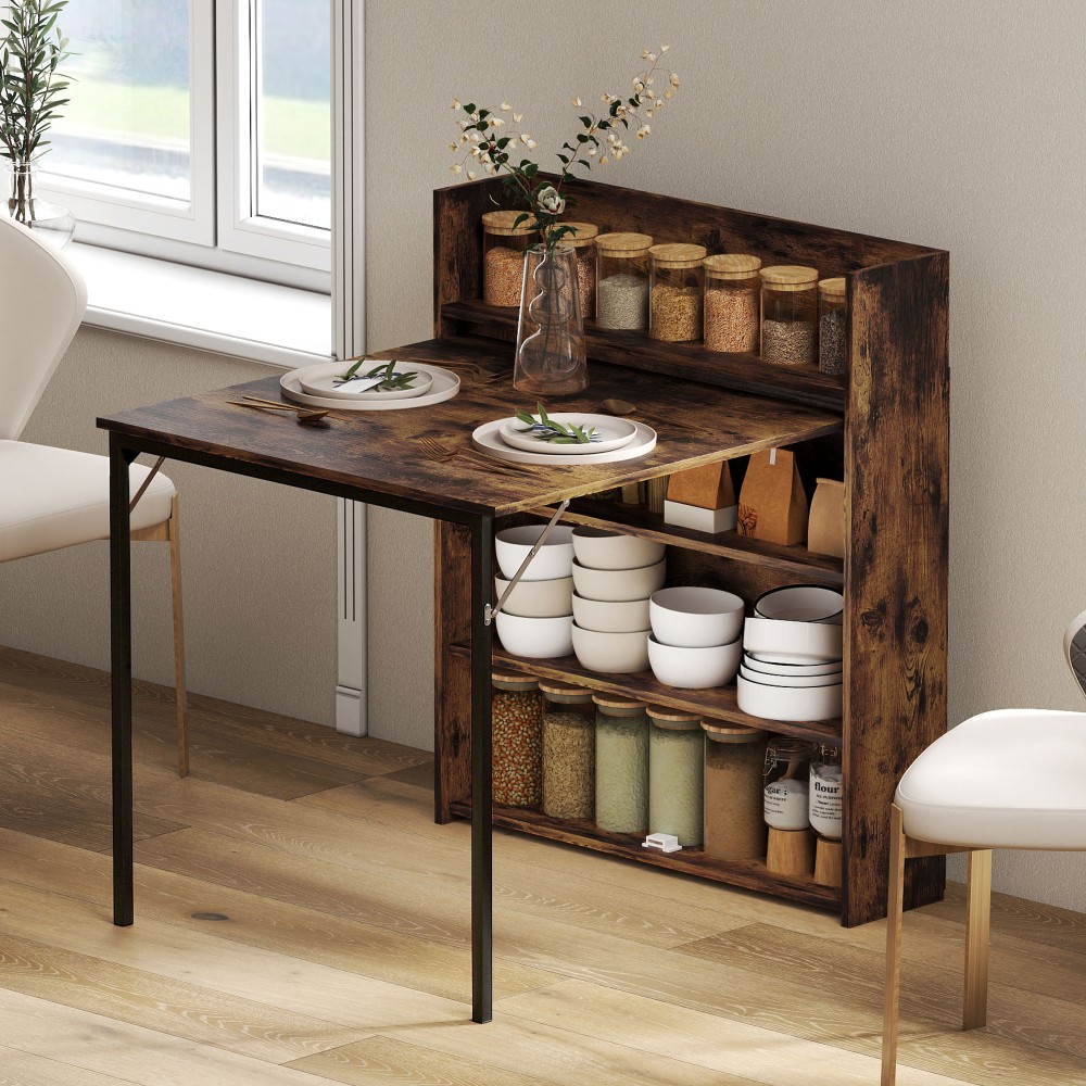 Τραπέζι τραπεζαρίας αναδιπλούμενο με ράφι, Βιομηχανικός σχεδιασμός, Εξοικονόμηση χώρου, Για μικρούς χώρους, 80x90x93cm, Ρουστίκ-Καφέ