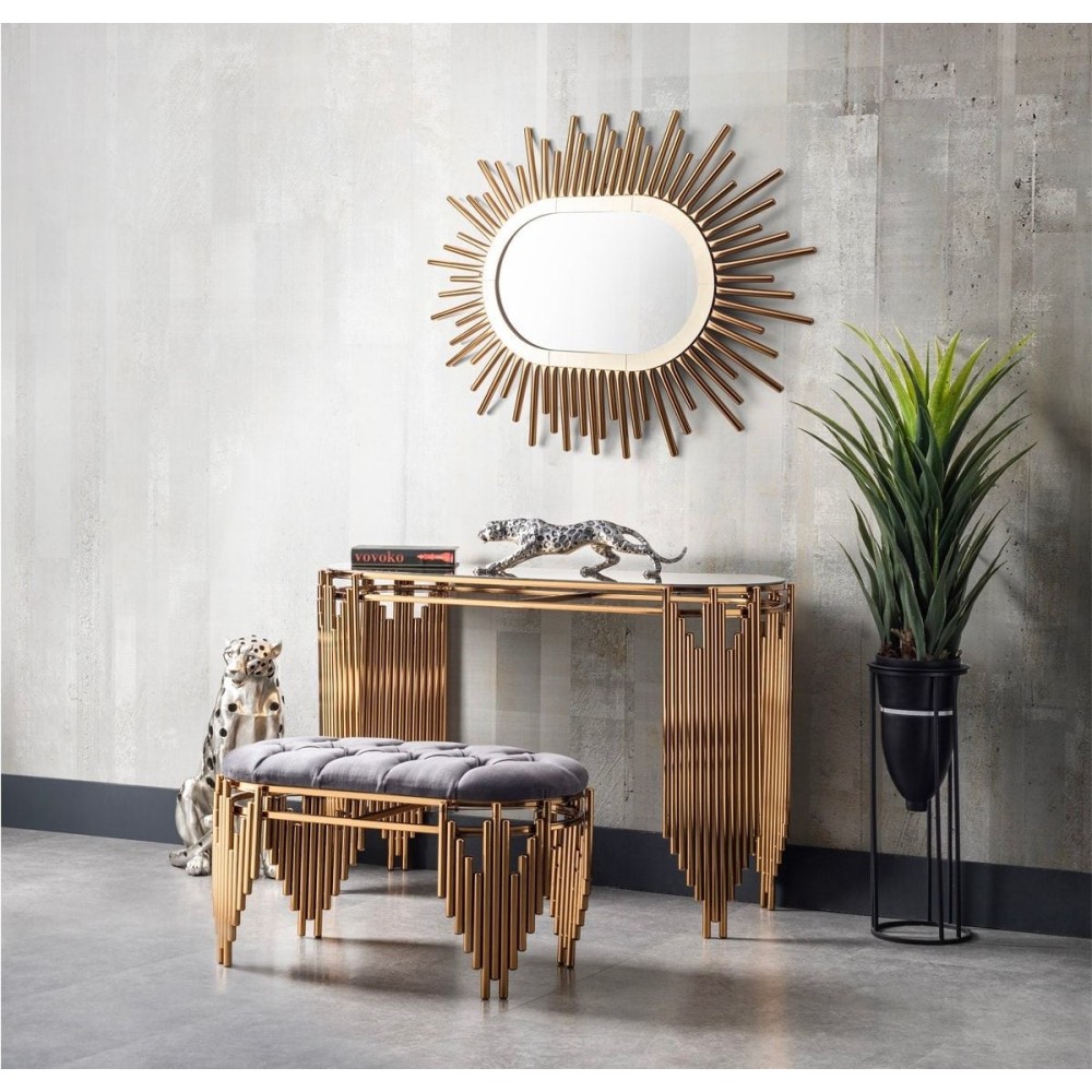 Σύνολο Κονσόλας με Πούφ και Καθρέφτη γκρί-Χρυσό 120x82x43cm