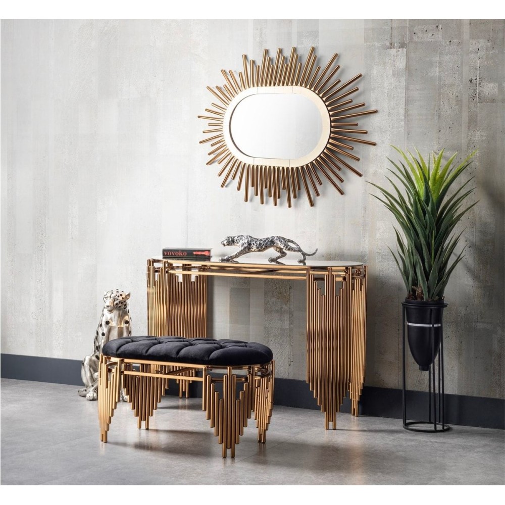 Σύνολο Κονσόλας με Πούφ και Καθρέφτη  μαύρος-Χρυσό120x82x43cm