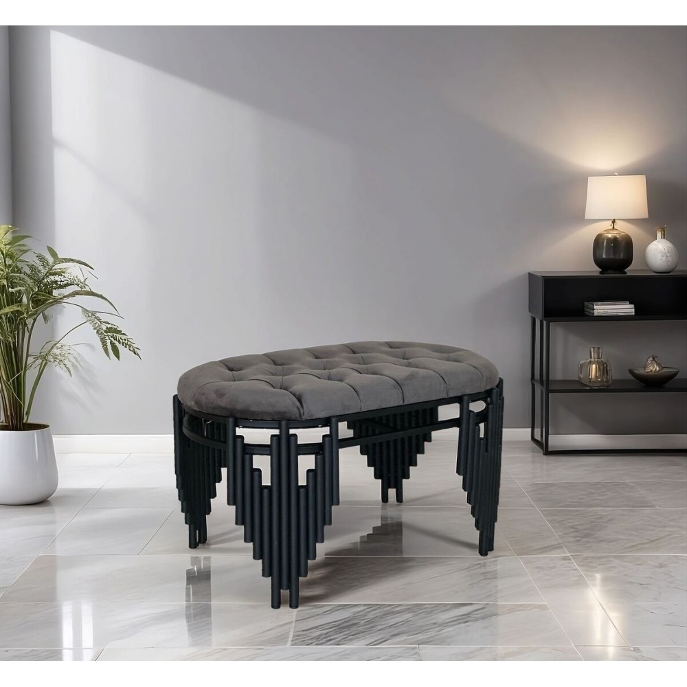 Μεταλλικό Πουφ με Επικάλυψη - Μαύρο - Ασημί - 80cm  x 45cm  x 45cm .