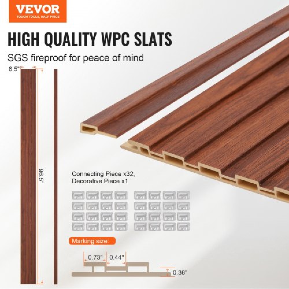 Ακουστικά πάνελ VEVOR Wood Slat, 8 ΤΕΜ 96 x 6 ιντσών, Ξύλινα πάνελ τοίχου WPC Accent για μοντέρνο εσωτερικό τοίχο, πάνελ τοίχου από ψεύτικο ξύλο για κομψή διακόσμηση και μείωση θορύβου, Μαύρη καρυδιά