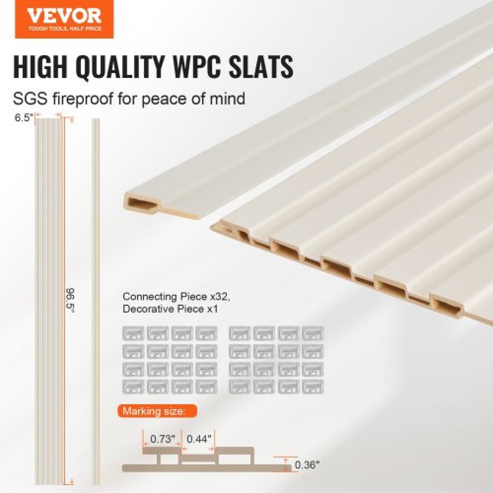 Ακουστικά πάνελ VEVOR Wood Slat, 8 ΤΕΜ 96 x 6 ιντσών, Ξύλινα πάνελ τοίχου WPC Accent για μοντέρνο εσωτερικό τοίχο, πάνελ τοίχου από ψεύτικο ξύλο για κομψή διακόσμηση και μείωση θορύβου, Λευκό ματ