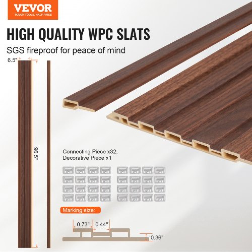 Ακουστικά πάνελ VEVOR Wood Slat, 8 ΤΕΜ 96 x 6 ιντσών, Ξύλινα πάνελ τοίχου WPC Accent για μοντέρνο εσωτερικό τοίχο, πάνελ τοίχου από ψεύτικο ξύλο για κομψή διακόσμηση και μείωση του θορύβου, Dark Teak