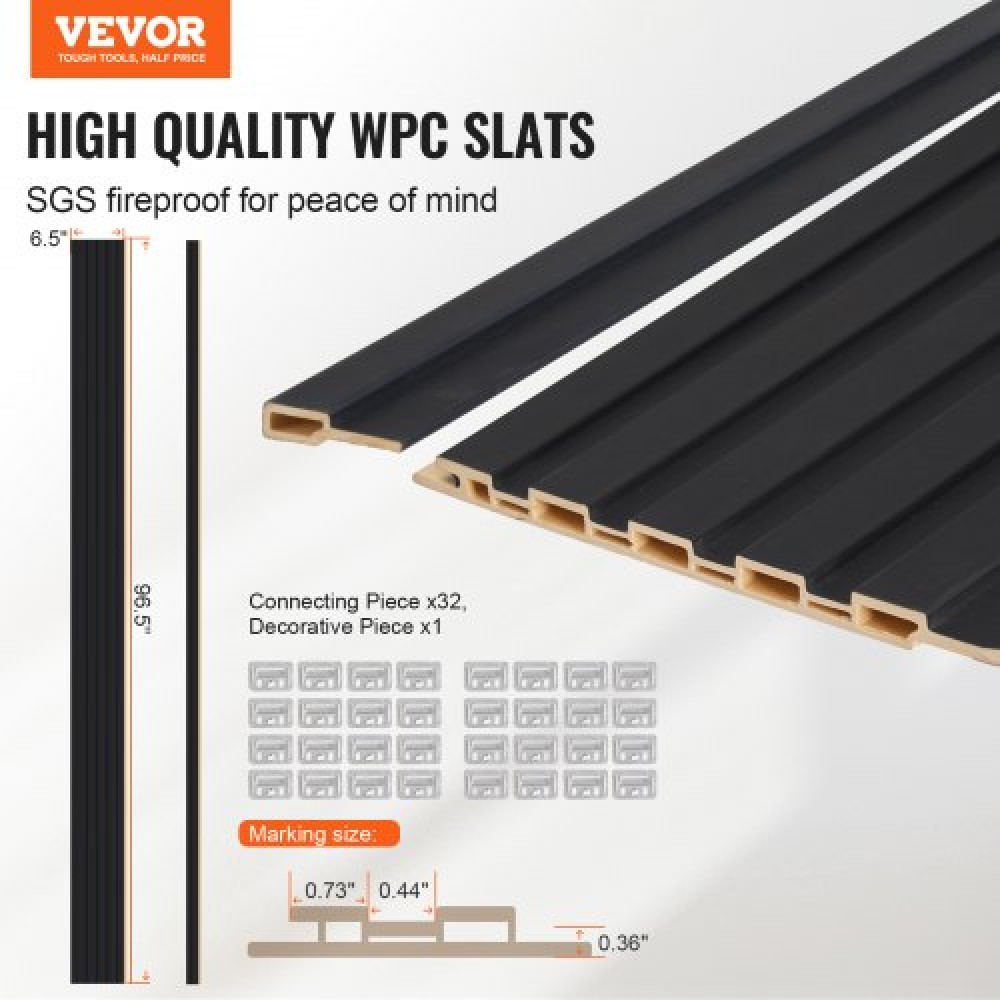 Ακουστικά πάνελ VEVOR Wood Slat, 8 ΤΕΜ 96 x 6 ιντσών, Ξύλινα πάνελ τοίχου WPC Accent για μοντέρνο εσωτερικό τοίχο, πάνελ τοίχου από ψεύτικο ξύλο για κομψή διακόσμηση και μείωση θορύβου, ματ μαύρο