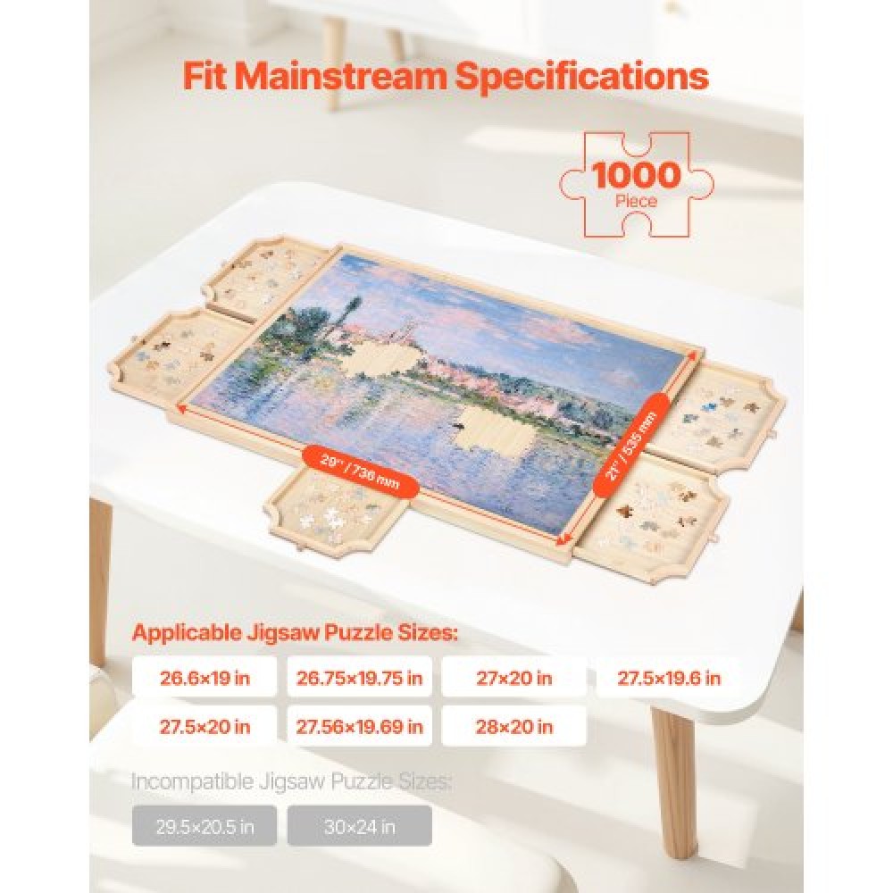 VEVOR 1000 Piece Puzzle Board with Drawer Cover Portable Wooden Jigsaw 74x53cm