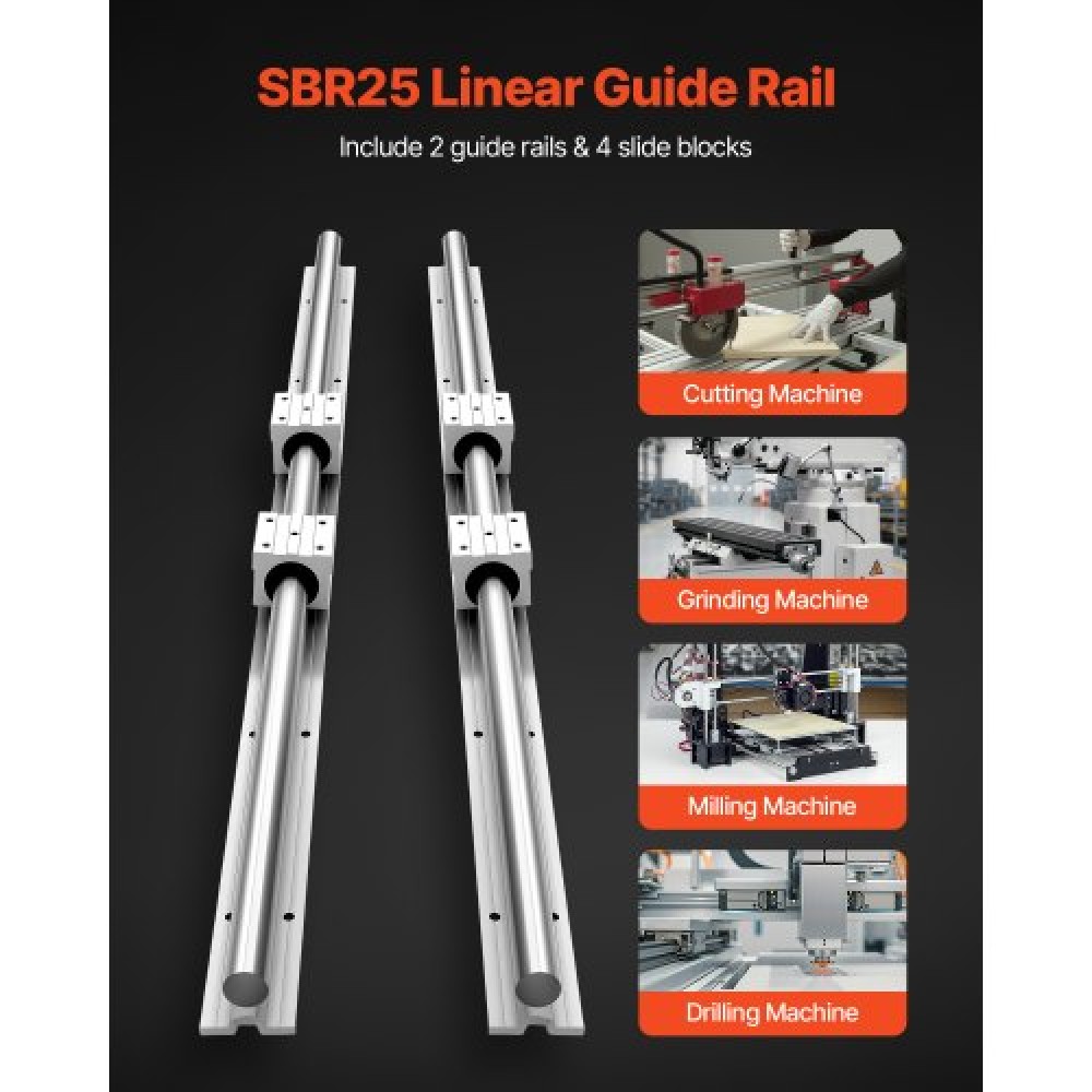 VEVOR Linear Rail Kit, SBR25, 2Pcs 1200 mm (47.24 inch) Linear Motion Guide Rails and 4Pcs Bearing Slide Blocks, Fully Supported Shaft, for Cutting, Grinding, Milling, Drilling Machines, and More