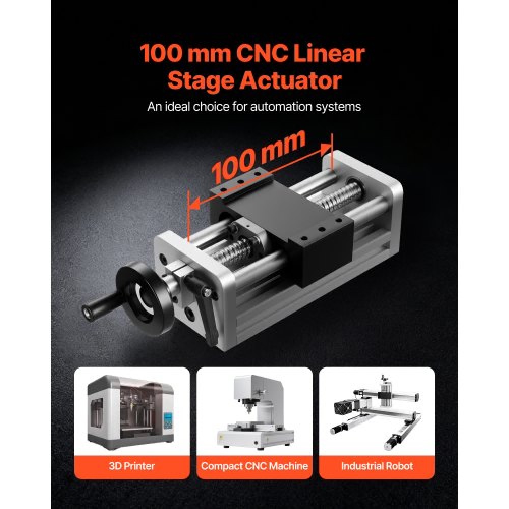 VEVOR Linear Stage Actuator, 100 mm Effective Stroke, Ball Screw CNC Linear Motion Guide Rail, Double Optical Axis, C7 High-Precision, Bearing Slide Block, Manual Handwheel, for CNC Router X Y Z Axis