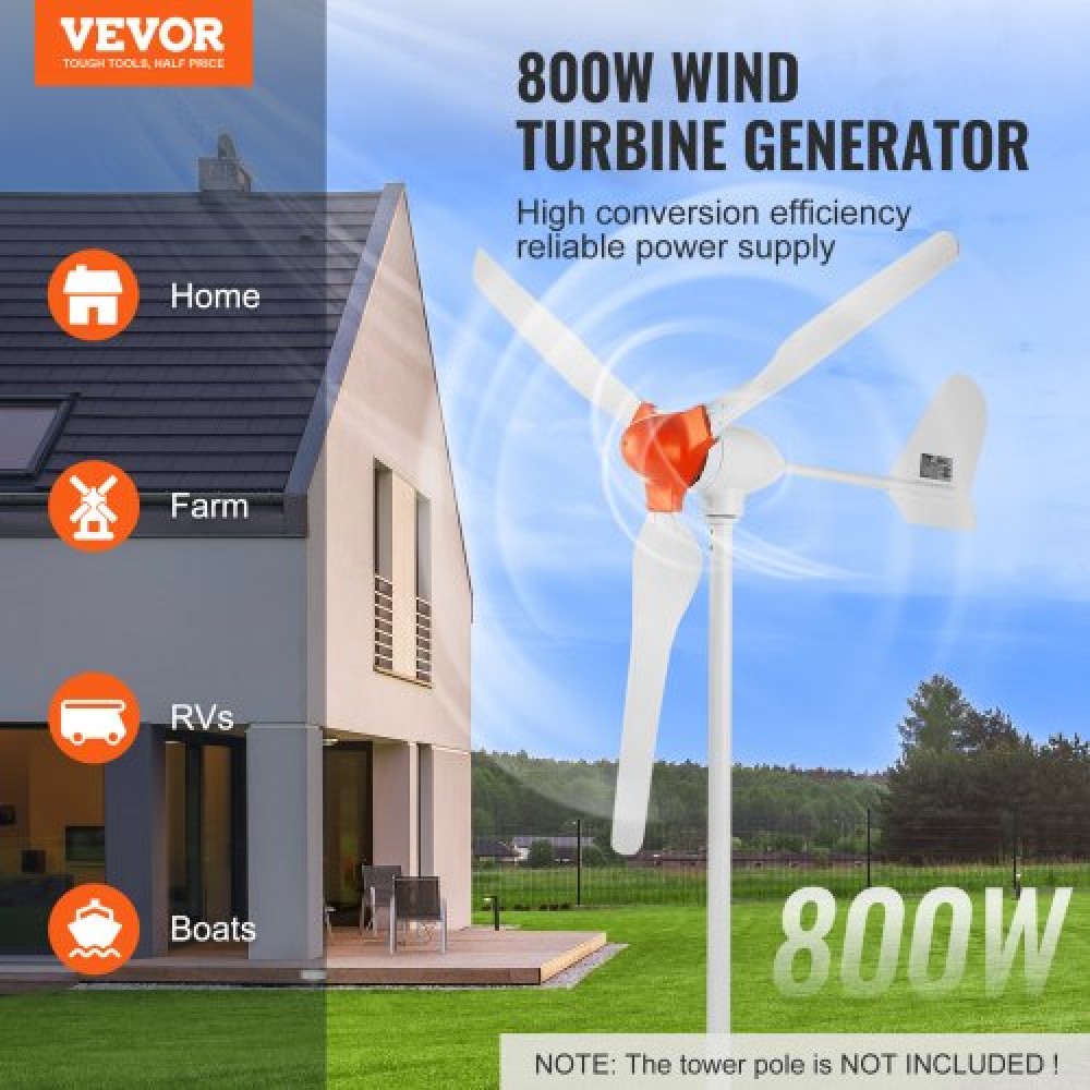 Γεννήτρια ανεμογεννήτριας VEVOR 800W, κιτ ανεμογεννήτριας 12V, γεννήτρια αιολικής ενέργειας 3 λεπίδων με ελεγκτή MPPT, ρυθμιζόμενη κατεύθυνση ανέμου & ταχύτητα εκκίνησης ανέμου 2,5 m/s, Κατάλληλο για σπίτι, αγρόκτημα, RV, σκάφη