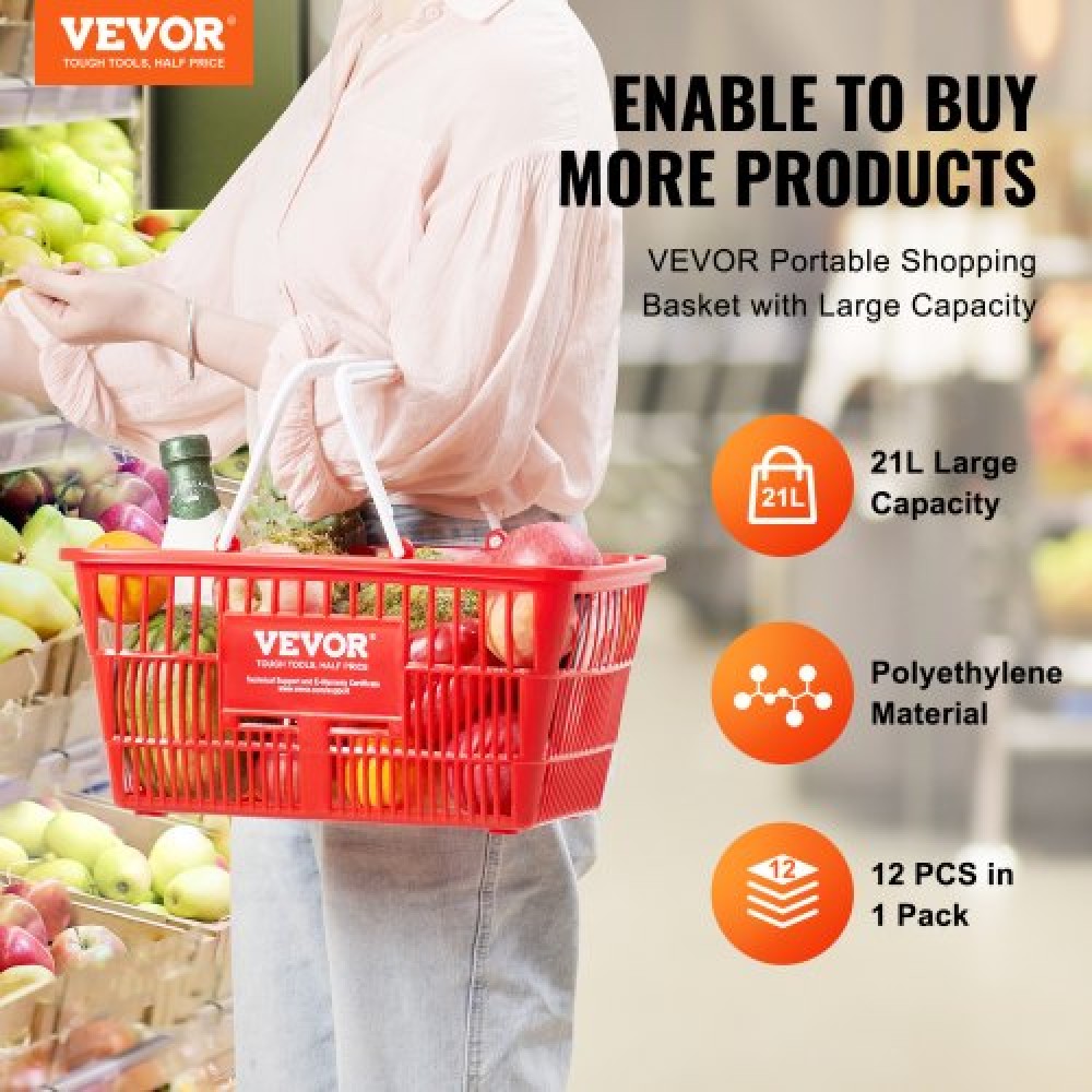 VEVOR Shopping Basket Portable Grocery Basket 12PCS 21L with Handle & Stand Red