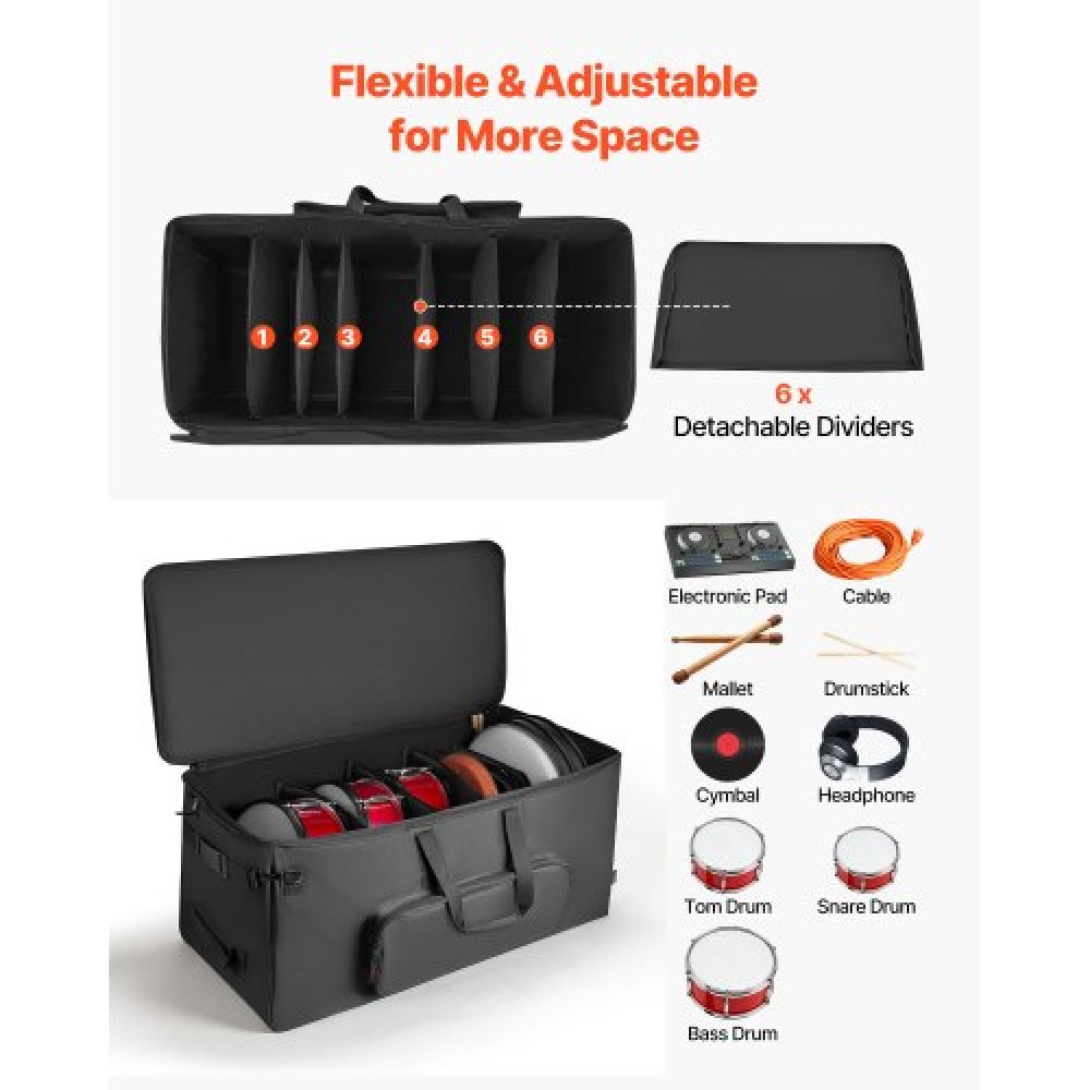 VEVOR Electronic Drum Kit Bag, 600D, Padded Drum Bag with Wheels, Large 920 x 420 x 410 mm Interior, Lightweight Travel Case with Detachable Dividers, and Multiple Pockets, for Electric Drums, Black