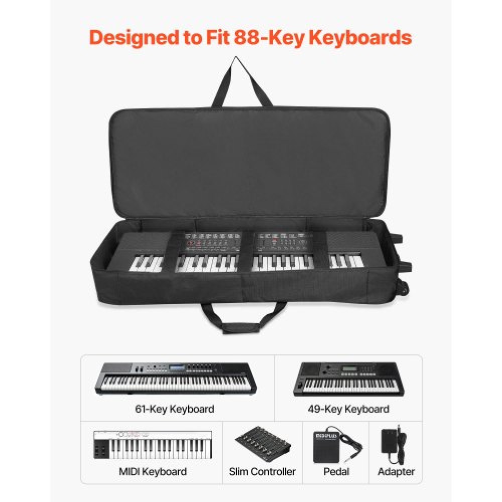 VEVOR 88 Key Keyboard Case, 1040 x 430 x 130 mm Interior, Padded Rolling Piano Case with Wheels, Sturdy Handle, 3-Pocket Storage, Gig Bag with Smooth Wheels, for 88 Note Keyboards and Electric Pianos