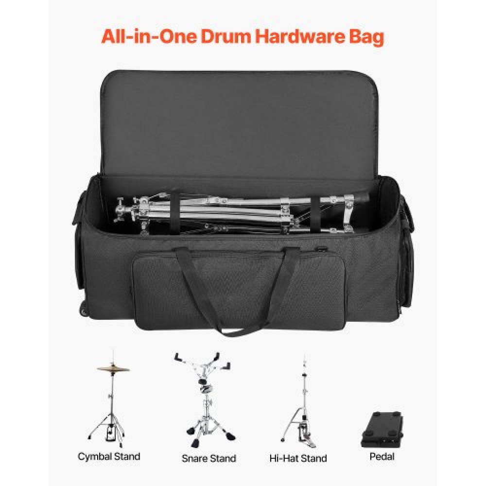 VEVOR Drum Hardware Bag with Wheels, 1680D, Drum Set Equipment Carry Bag, Carrying Case with Sturdy Handle, Durable Zipper, Smooth PVC Wheels, Multiple Pockets, for Hardware and Stand Accessory, Black