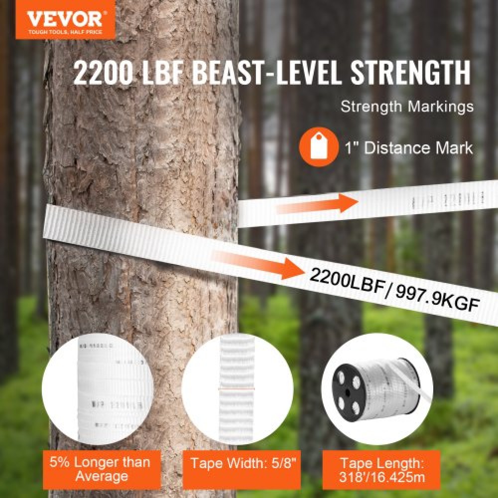 VEVOR Πολυεστερική ταινία έλξης, 5/8" x 318' Mule Tape Επίπεδο σχοινί, 2200 lbf εφελκυστική ικανότητα, τυπωμένη ταινία έλξης καλωδίου με πλέγμα για συσκευασία, κηπουρική, εμπορικά ηλεκτρικά είδη, εργασίες αγωγών, λευκό