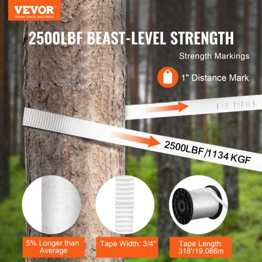 VEVOR Πολυεστερική ταινία έλξης, 3/4" x 318' Mule Tape Επίπεδο σχοινί, 2500 lbf εφελκυστική ικανότητα, τυπωμένη ταινία έλξης καλωδίου με πλέγμα για συσκευασία, κηπουρική, εμπορικά ηλεκτρικά είδη, εργασίες αγωγών, λευκό