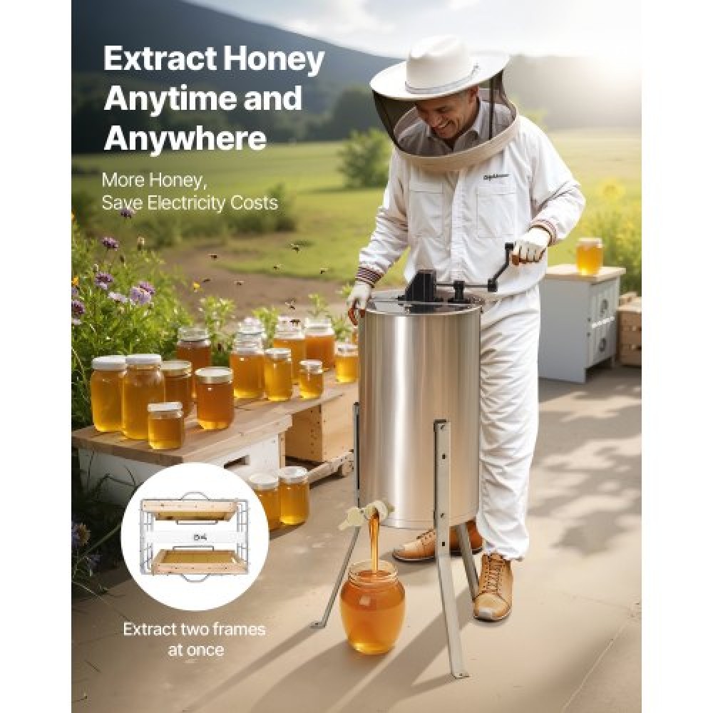 VEVOR Manual Honey Extractor 2 Frame Honey Spinner Beekeeping Stainless Steel