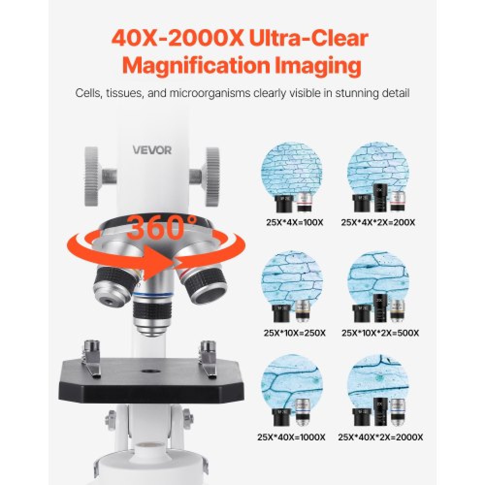 VEVOR Professional Monocular Compound Microscope Kit 40-2000X Magnification