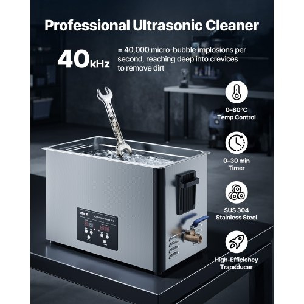 VEVOR 30L Ultrasonic Cleaner, Επαγγελματικό μηχάνημα καθαρισμού υπερήχων με καλάθι καθαρισμού & ψηφιακή οθόνη, 480W από ανοξείδωτο χάλυβα 40kHz Μηχάνημα βιομηχανικού καθαρισμού για ανταλλακτικά, καρμπυρατέρ, όργανα