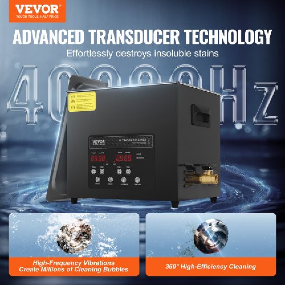VEVOR 10L Ultra Sonic Cleaner, 240W Ψηφιακό υπερηχητικό μηχάνημα καθαρισμού με απαλή λειτουργία & αναβαθμισμένη απαέρωση, βιομηχανικό καθαριστικό υπερήχων 40 kHz με θερμάστρα & χρονοδιακόπτη για συγκράτηση, κοσμήματα, εργαλεία