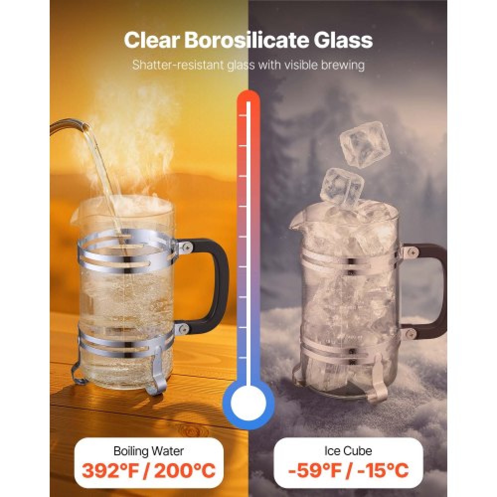 VEVOR French Press Coffee Maker 1L Borosilicate Glass Coffee Tea Press Silver