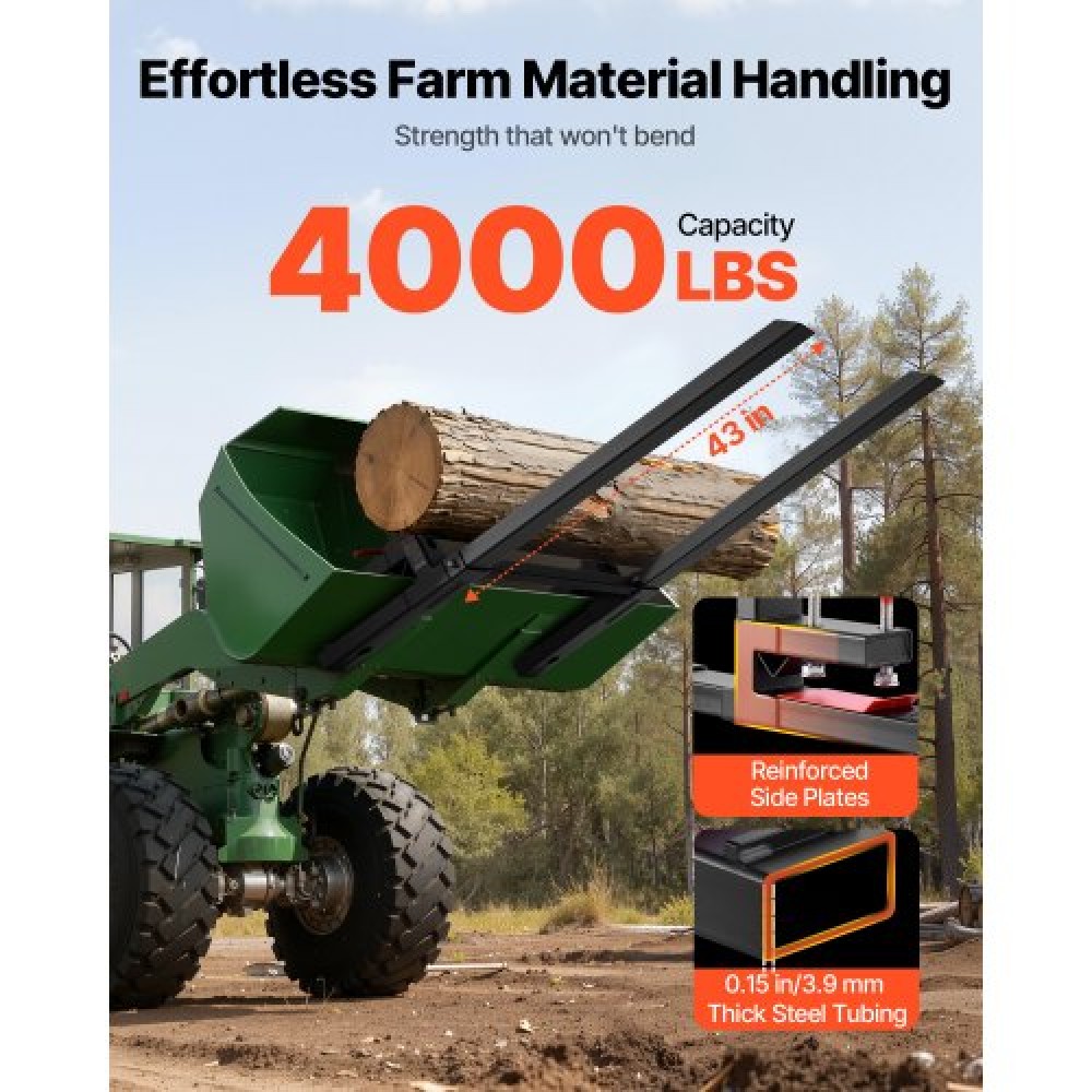 VEVOR Pallet Forks, 1814 kg Clamp on Pallet Forks, 149 cm Total Length Heavy-Duty Tractor Fork with Adjustable Stabilizer Bar for Tractor Attachments, Loader Bucket, and Skid Steer, Black