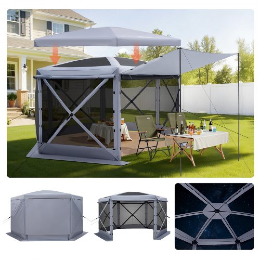 VEVOR Pop up Gazebo Screen Tent, 3.6 x 3.6 m Large 6-Sided Camping Canopy Tent with Removable Top & Carry Bag, Quick-Set & Bite-Proof, Screen House Sun Shelter for 8-10 Persons Backyard Patio, Grey