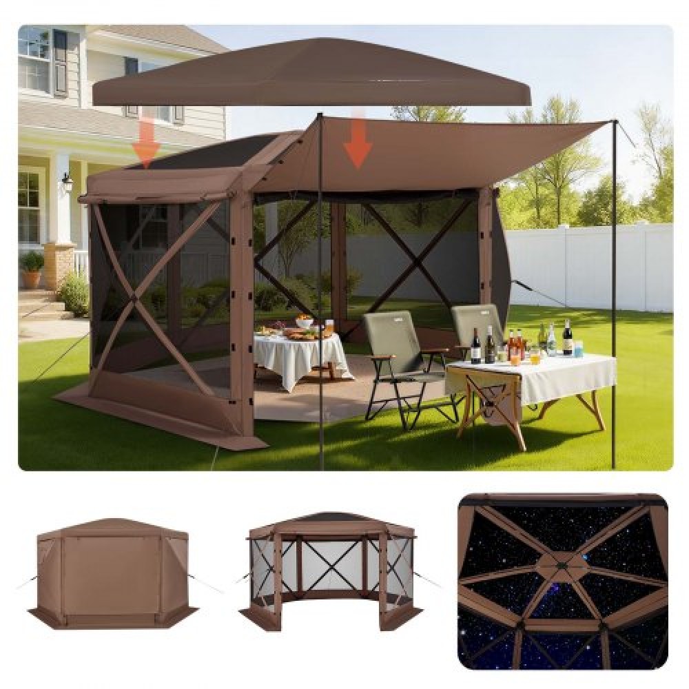 VEVOR Pop up Gazebo Screen Tent, 3.6 x 3.6 m Large 6-Sided Camping Canopy Tent with Removable Top & Carry Bag, Quick-Set & Bite-Proof, Screen House Sun Shelter for 8-10 Persons Backyard Patio, Brown