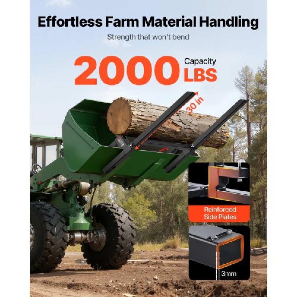 VEVOR Pallet Forks, 907 kg Clamp on Pallet Forks, 109 cm Total Length Heavy-Duty Tractor Fork with Adjustable Stabilizer Bar for Tractor Attachments, Loader Bucket, and Skid Steer, Black