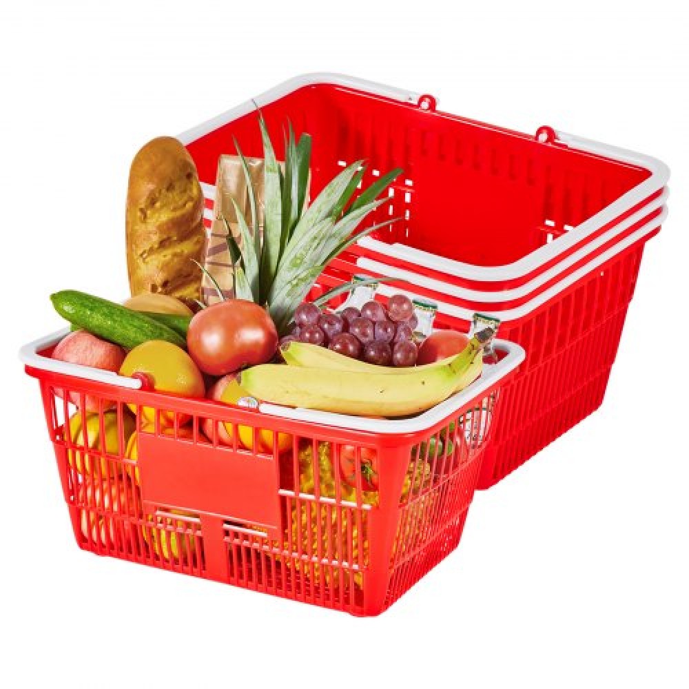 VEVOR Shopping Baskets, 4 PCS, 21L Stackable PE Plastic Grocery Baskets with Handles, Dense Mesh Structure, Holds up to 9.07kg, Portable for Grocery, Retail, Stores, Supermarket, Home Use, Red
