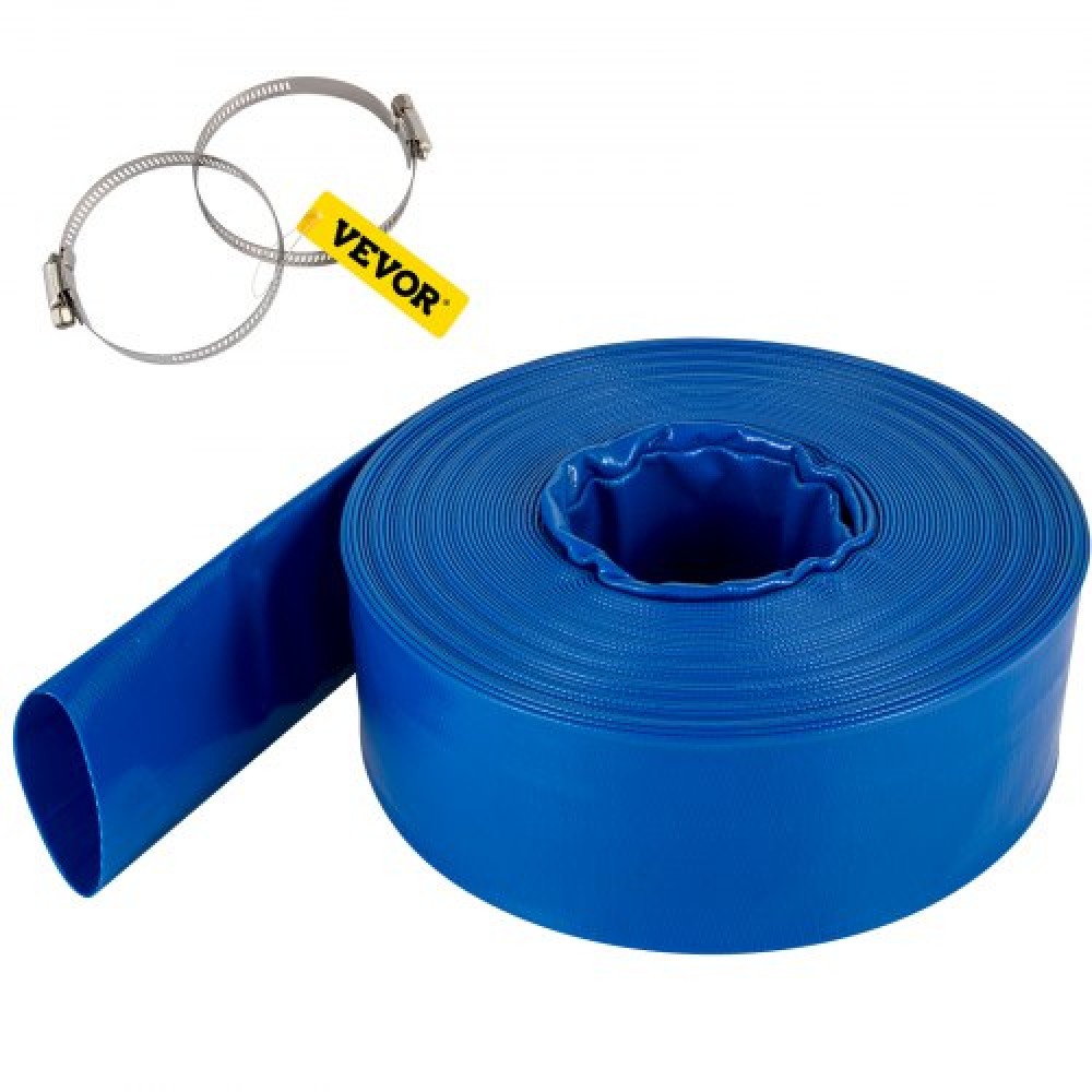 VEVOR Discharge Hose, 4\" x 105\', PVC Lay Flat Hose, Heavy Duty Backwash Drain Hose with Clamps, Weather-proof & Burst-proof, Ideal for Swimming Pool & Water Transfer, Blue