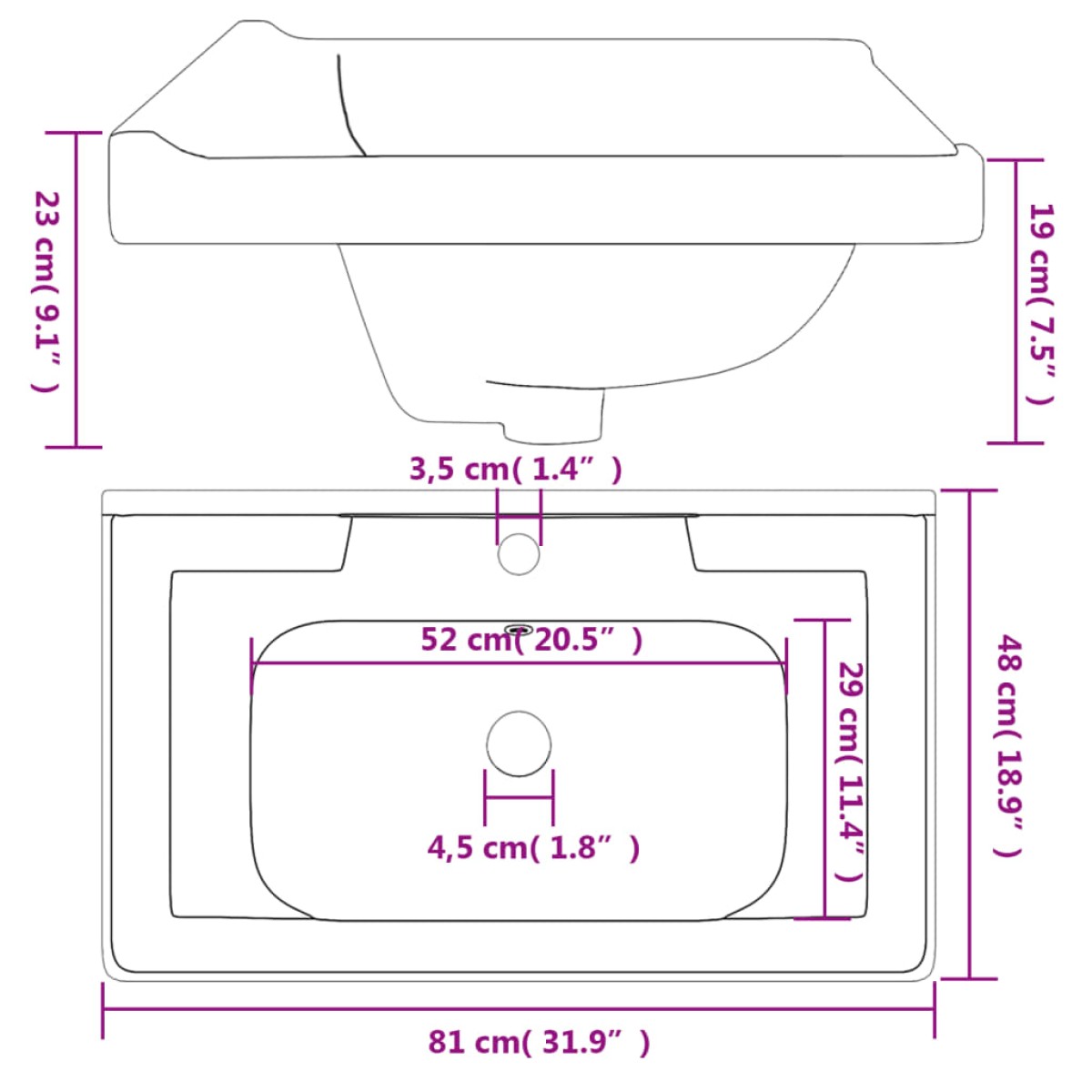 vidaXL Νιπτήρας Μπάνιου Ορθογώνιος Λευκός 81 x 48 x 23 εκ. Κεραμικός