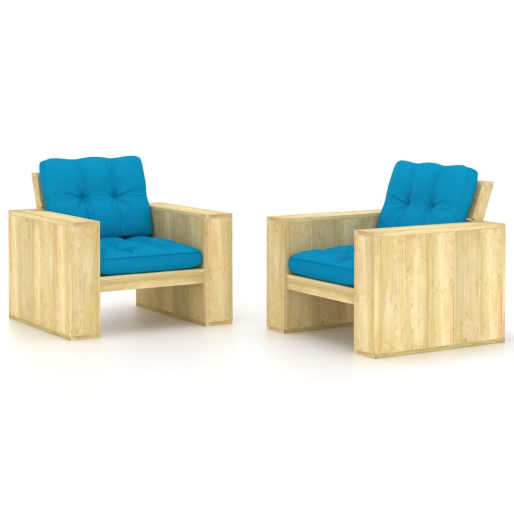vidaXL Καρέκλες Κήπου 2 τεμ. Εμποτ. Ξύλο Πεύκου & Μπλε Μαξιλάρια