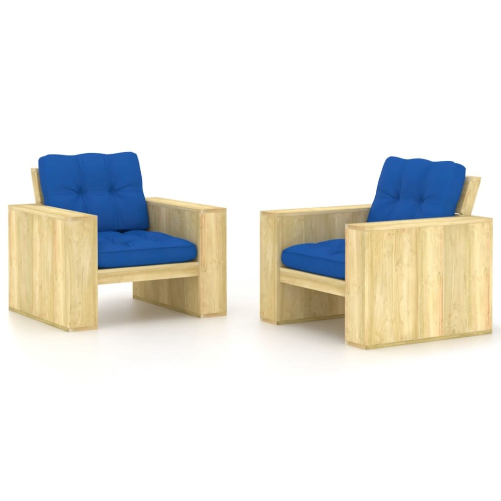 vidaXL Καρέκλες Κήπου 2 τεμ. Εμποτ. Ξύλο Πεύκου & Μπλε Ρουά Μαξιλάρια