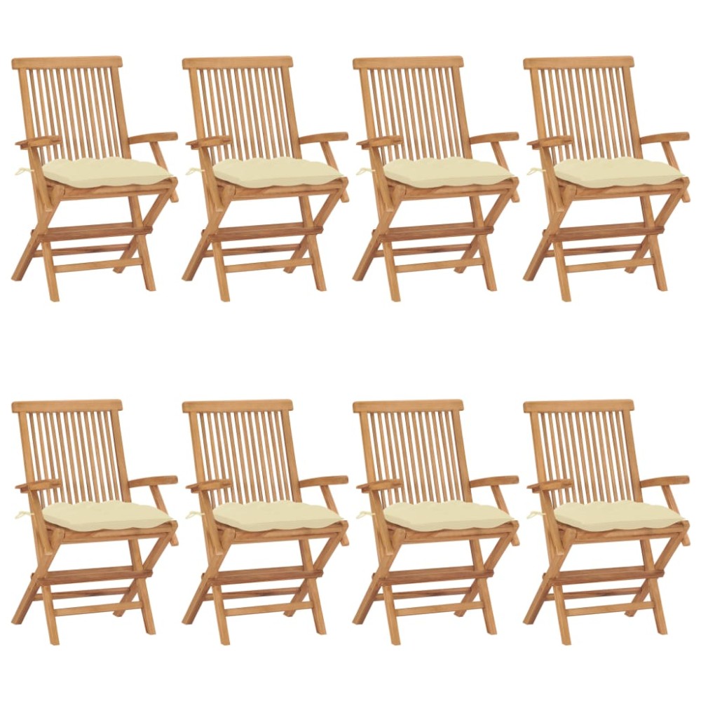 vidaXL Καρέκλες Κήπου 8 τεμ. Μασίφ Ξύλο Teak με Λευκά Κρεμ Μαξιλάρια