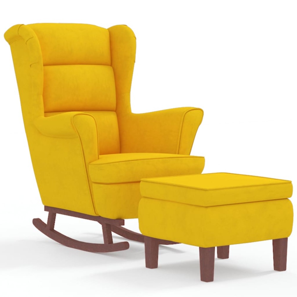 vidaXL Κουνιστή Πολυθρόνα με Ξύλινα Πόδια Κίτρινη Βελούδινη με Σκαμπό