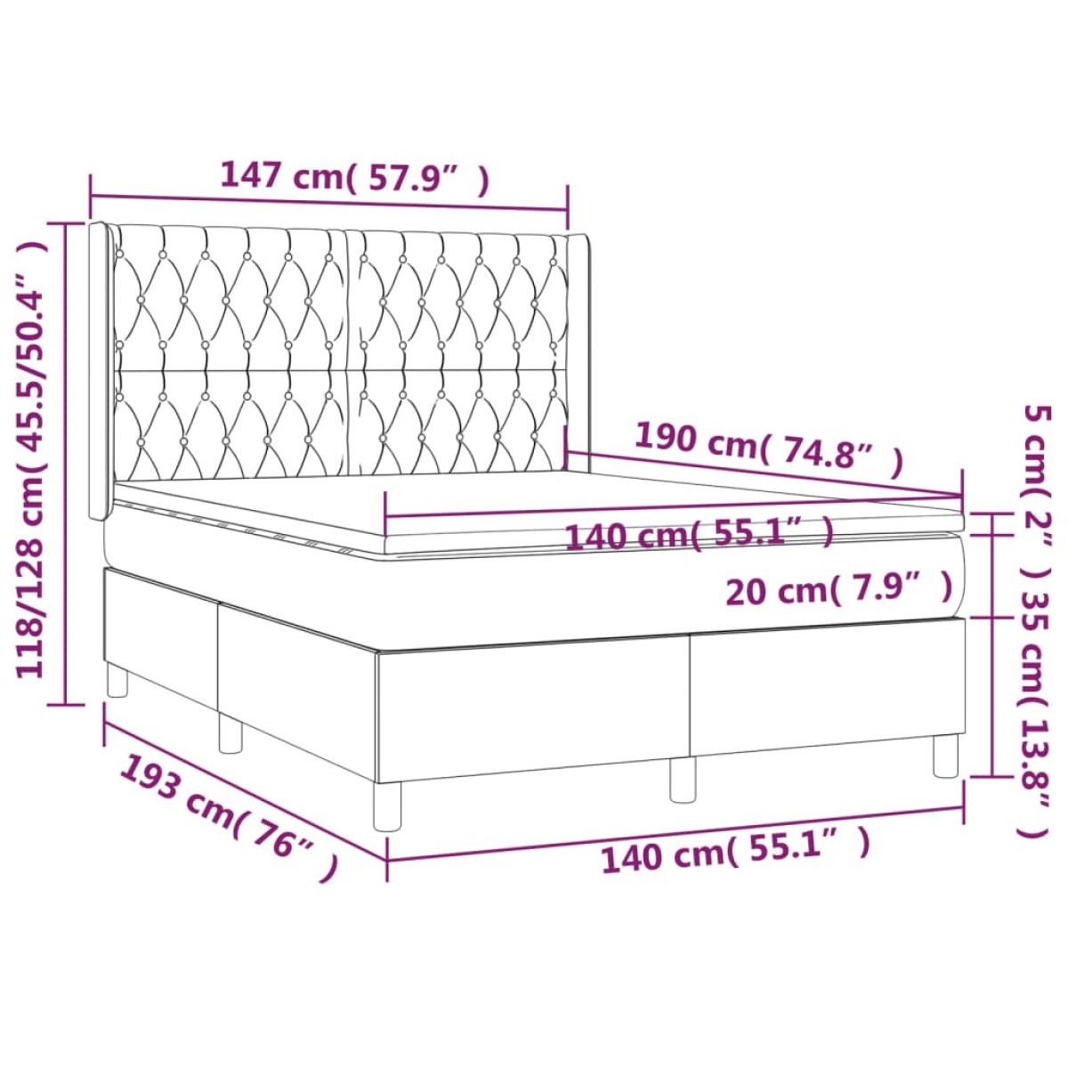 vidaXL Κρεβάτι Boxspring με Στρώμα Ανοιχτό Γκρι 140x190 εκ. Υφασμάτινο