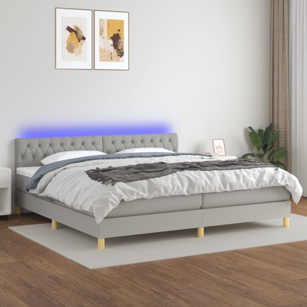 vidaXL Κρεβάτι Boxspring με Στρώμα & LED Αν.Γκρι 200x200εκ. Υφασμάτινο