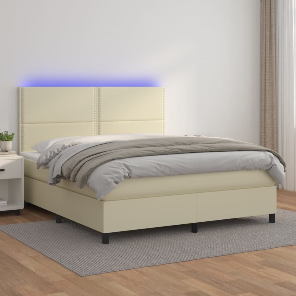 vidaXL Κρεβάτι Boxspring με Στρώμα & LED Κρεμ 160x200 εκ. Συνθ. Δέρμα