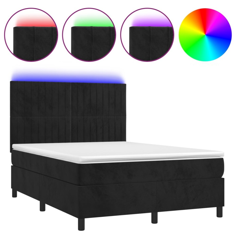vidaXL Κρεβάτι Boxspring με Στρώμα & LED Μαύρο 140x200 εκ. Βελούδινο