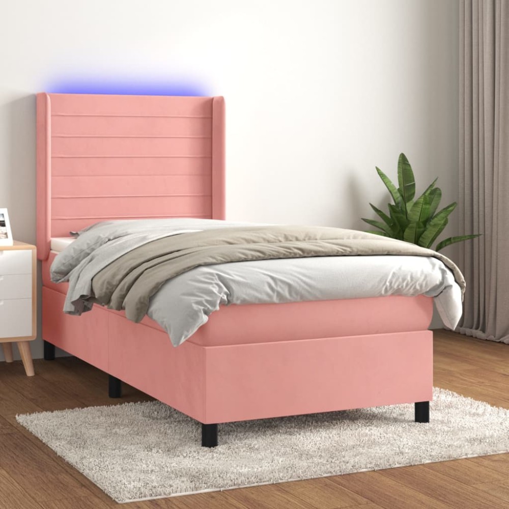 vidaXL Κρεβάτι Boxspring με Στρώμα & LED Ροζ 100x200 εκ. Βελούδινο
