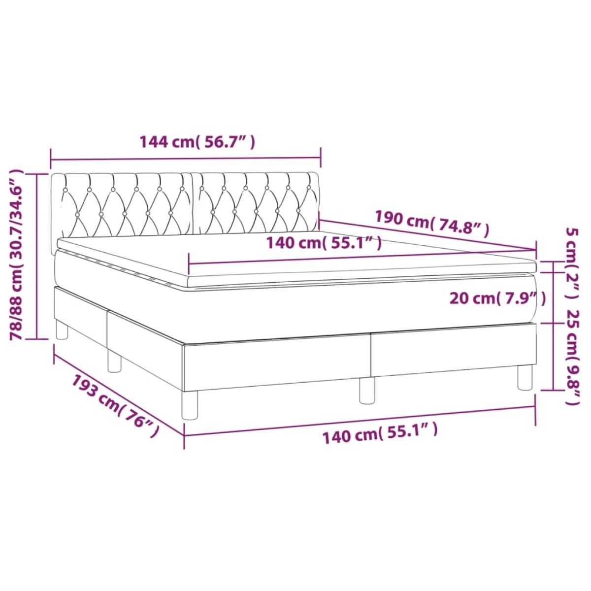 vidaXL Κρεβάτι Boxspring με Στρώμα Σκούρο Καφέ 140x190 εκ. Υφασμάτινο