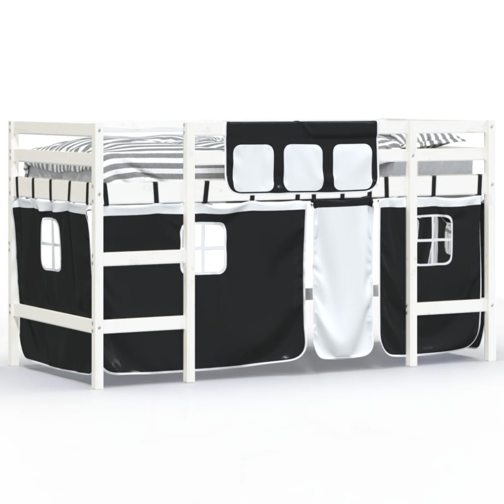 vidaXL Υπερυψ. Κρεβάτι με Κουρτίνες Λευκό/Μαύρο 90x200 εκ. Μασίφ Πεύκο