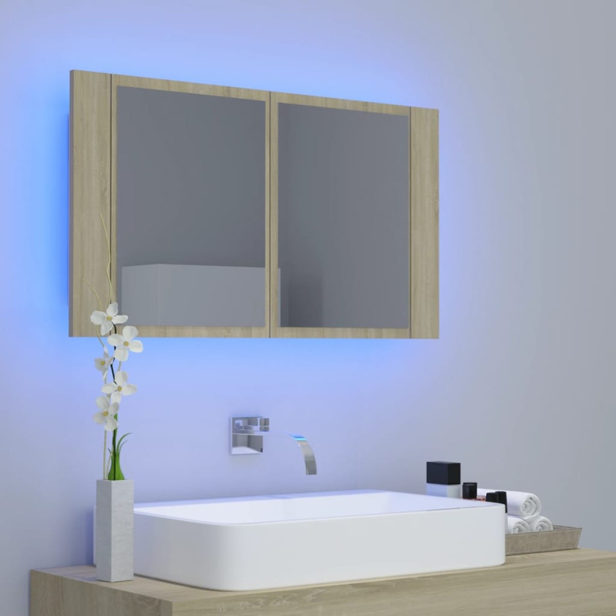 vidaXL Ντουλάπι Μπάνιου με Καθρέφτη & Φωτ. LED Sonoma Δρυς Ακρυλικός