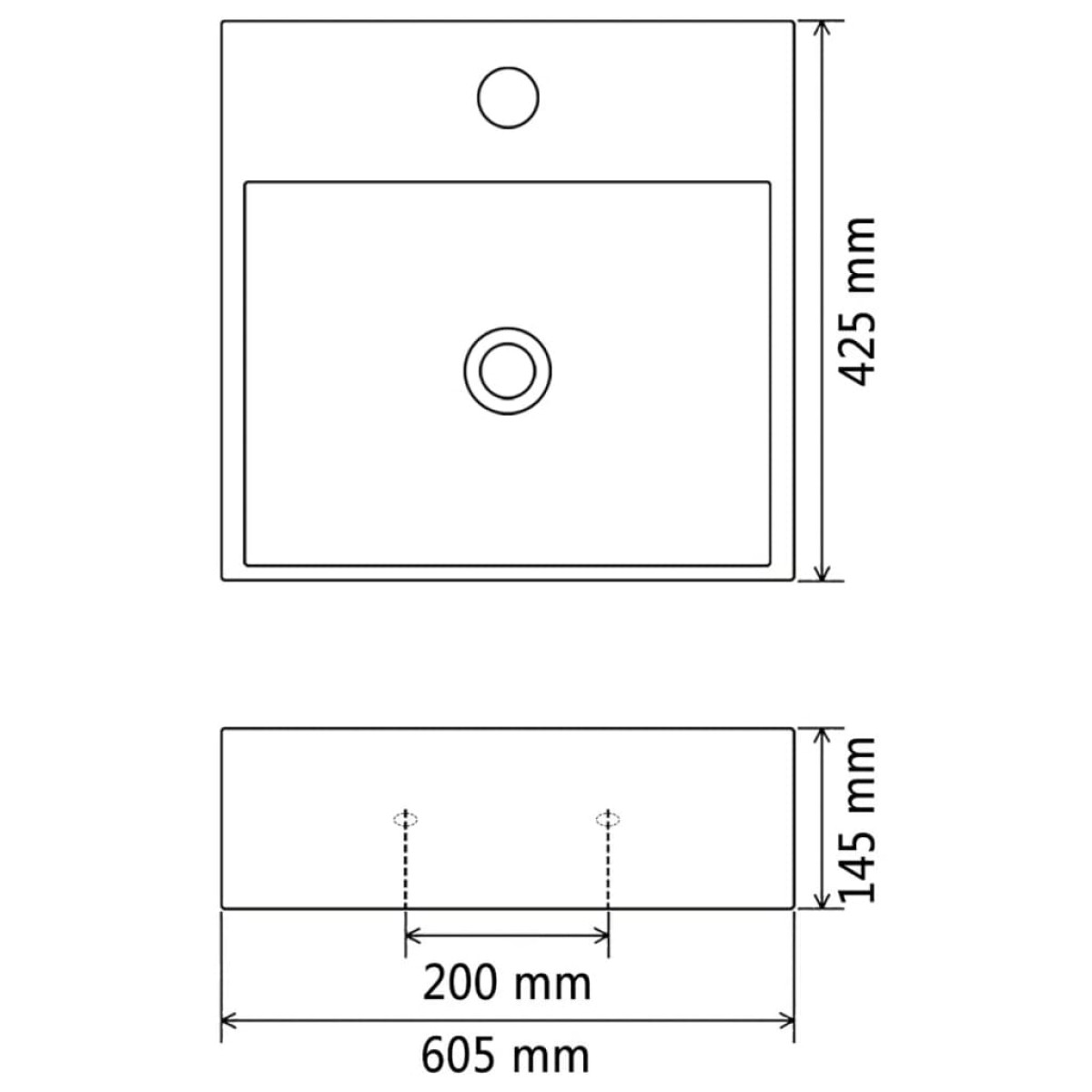 vidaXL Νιπτήρας με Οπή Βρύσης Λευκός 60,5 x 42,5 x 14,5 εκ. Κεραμικός