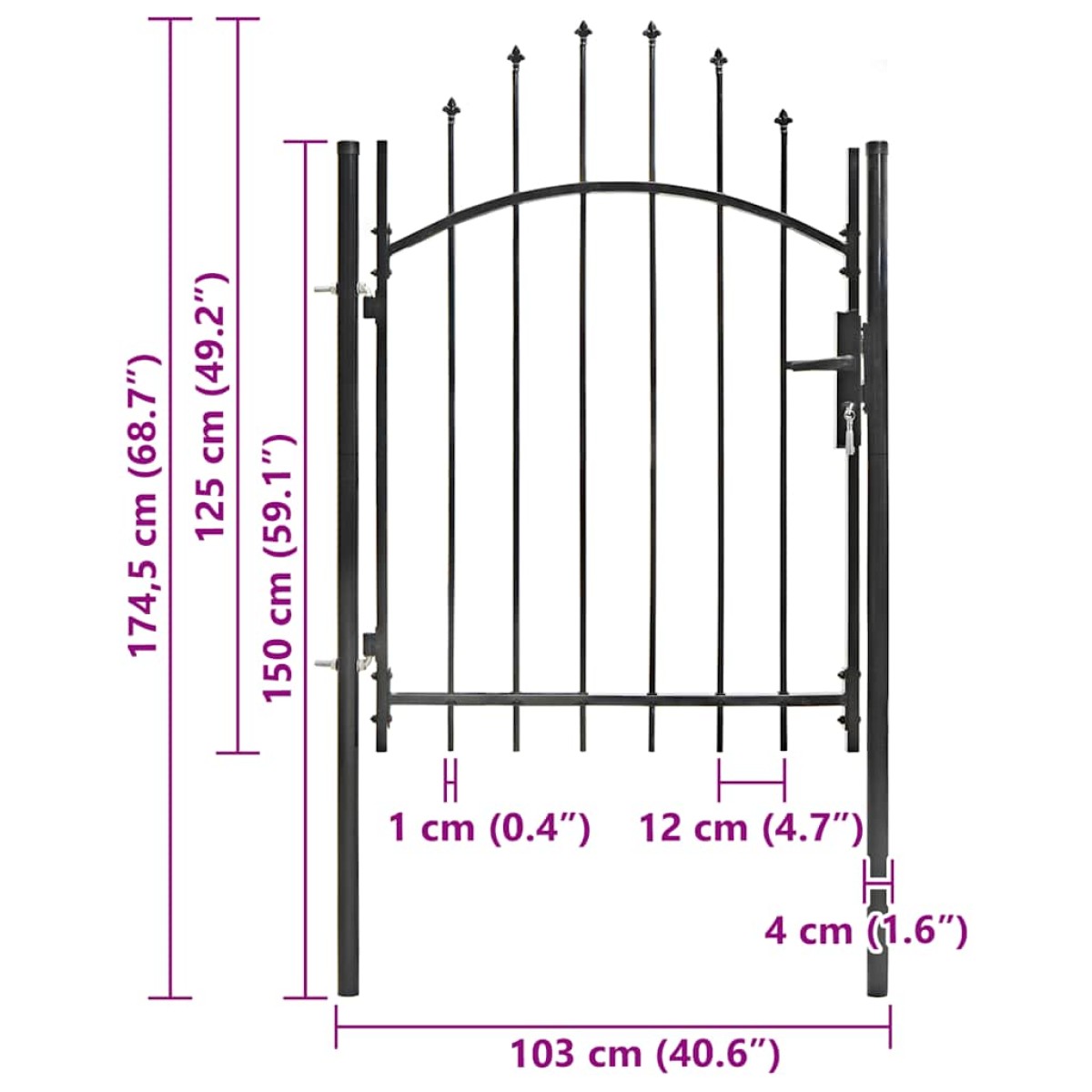 vidaXL Καγκελόπορτα Μαύρη 1 x 1,75 μ. Ατσάλινη