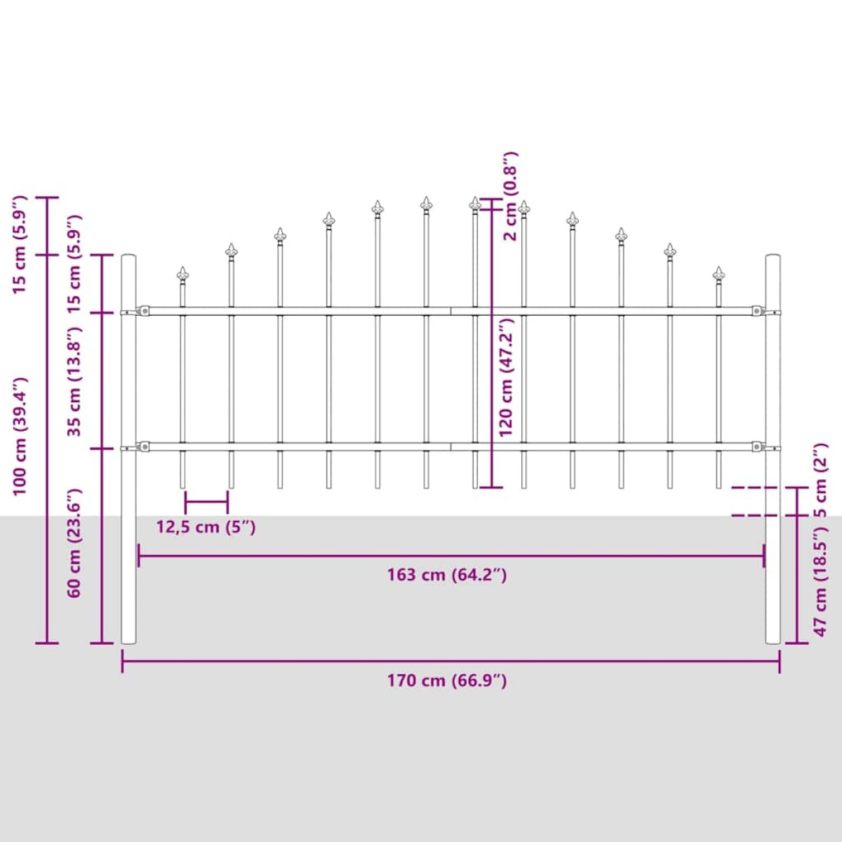vidaXL Κάγκελα Περίφραξης με Λόγχες Μαύρα (0,5-0,75) x 1,7 μ. Ατσάλινα