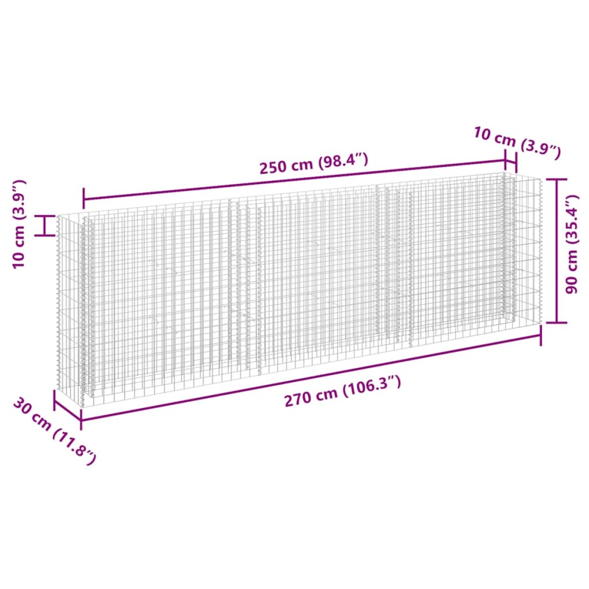 vidaXL Συρματοκιβώτιο-Γλάστρα Υπερυψωμένη 270x30x90 εκ. Γαλβ. Χάλυβας