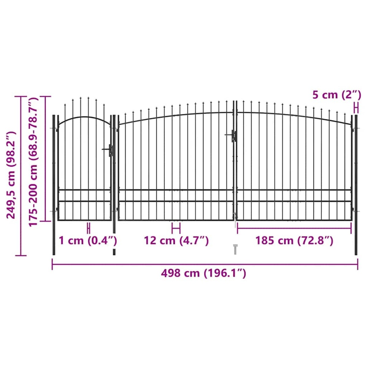 vidaXL Καγκελόπορτα με Λόγχες Μαύρη 5 x 2,45 μ.