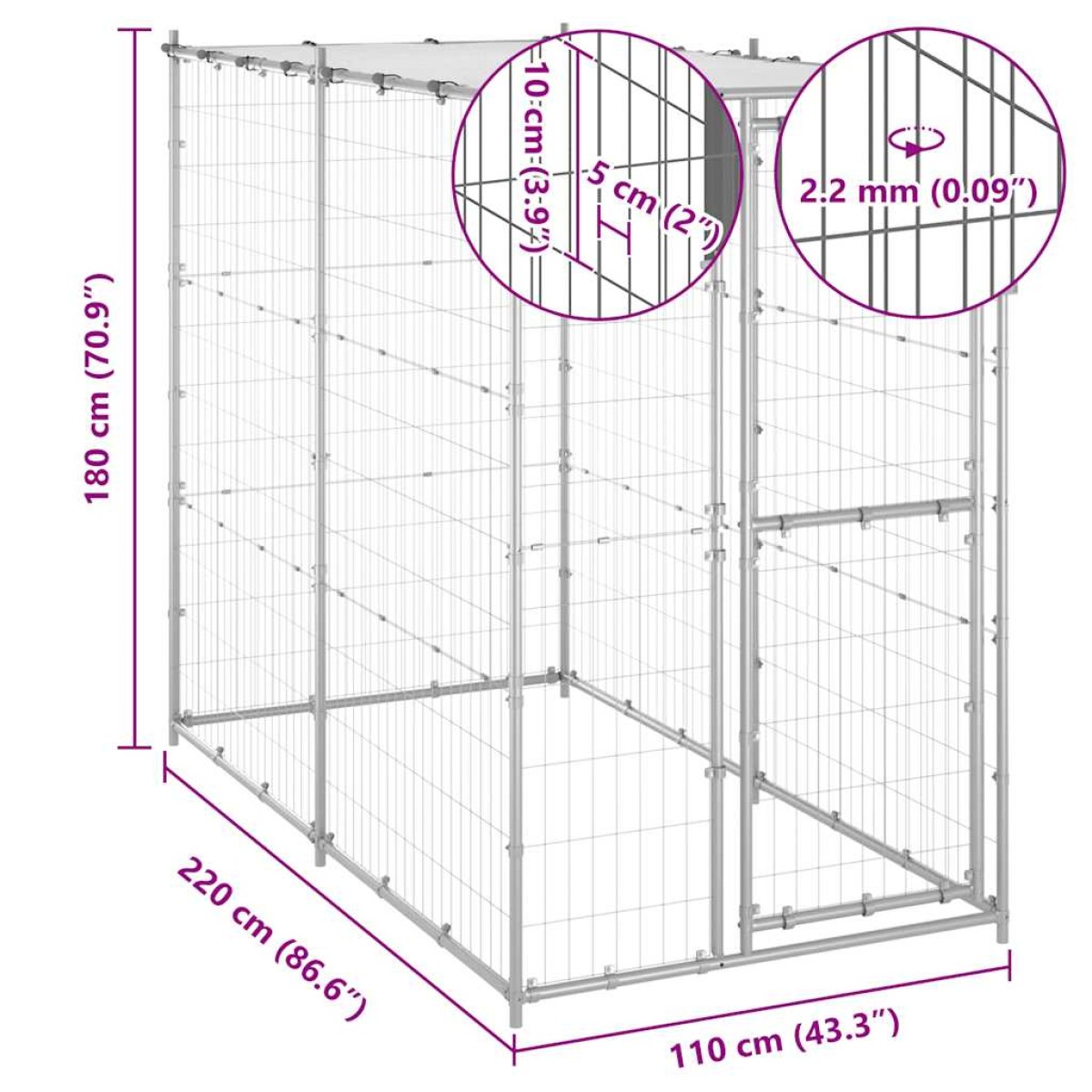 vidaXL Κλουβί Σκύλου Εξ. Χώρου Γαλβαν. Χάλυβας 110x220x180εκ Στέγαστρο