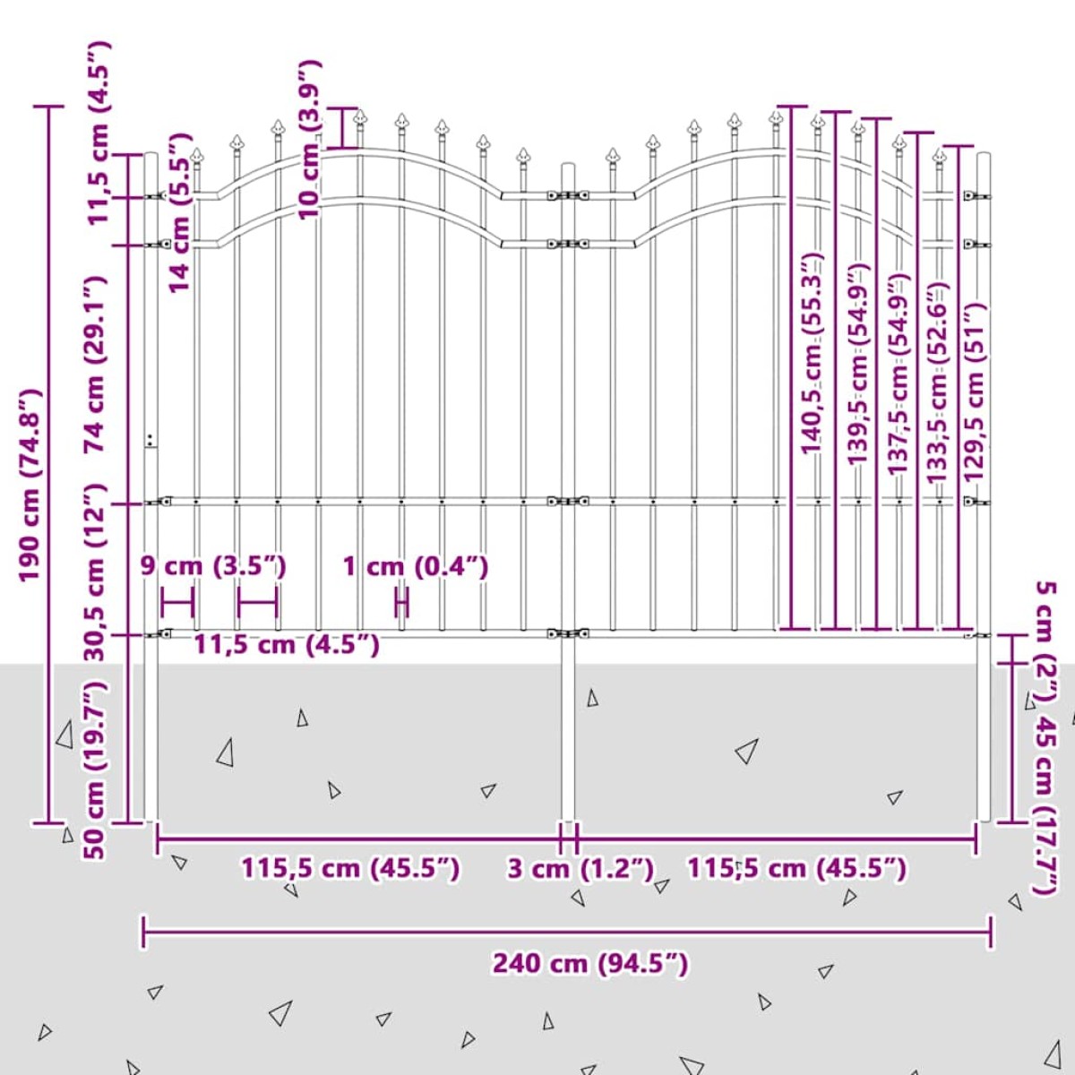 vidaXL Φράχτης με Ακίδες Μαύρος 190 εκ. Ατσάλι Ηλεκτροστ. Βαφή Πούδρας